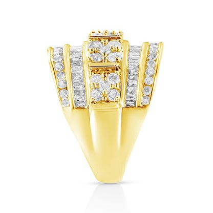 Front view of a yellow metal ring featuring multiple rows of white round gemstones in prong settings and white baguette gemstones in channel settings.