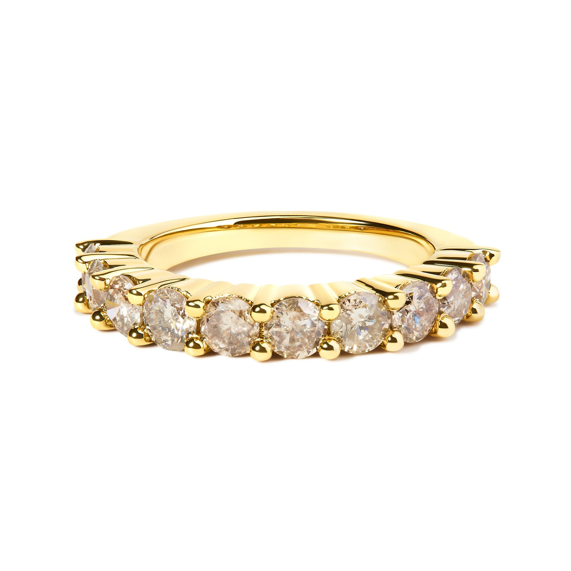 Close-up front angle of a yellow ring featuring a row of round white gemstones in a shared prong setting.