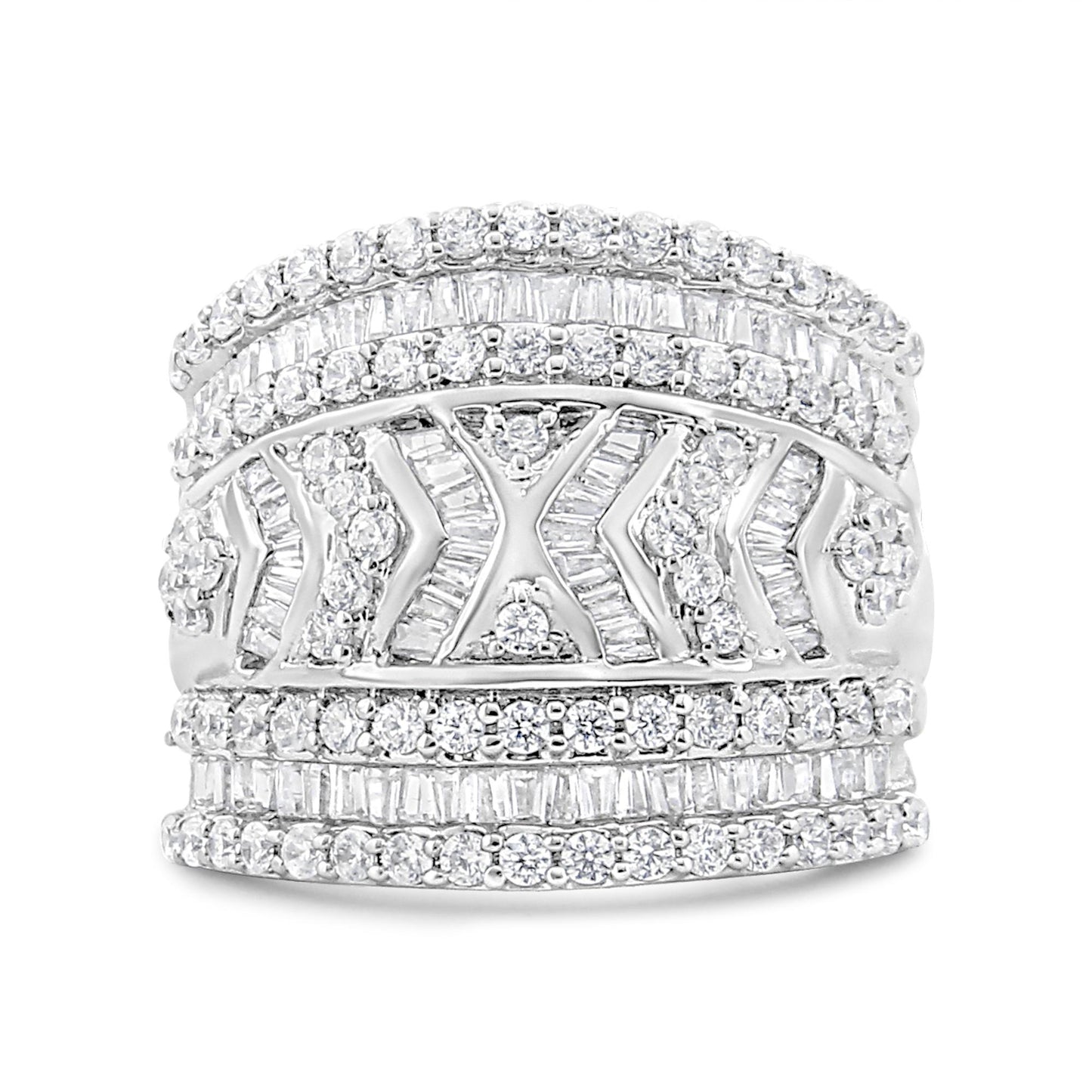 Front view of a wide white metal ring featuring multiple rows of round and baguette-shaped white gemstones in prong and channel settings with chevron and floral-inspired detailing.