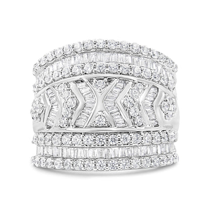 Front view of a wide white metal ring featuring multiple rows of round and baguette-shaped white gemstones in prong and channel settings with chevron and floral-inspired detailing.