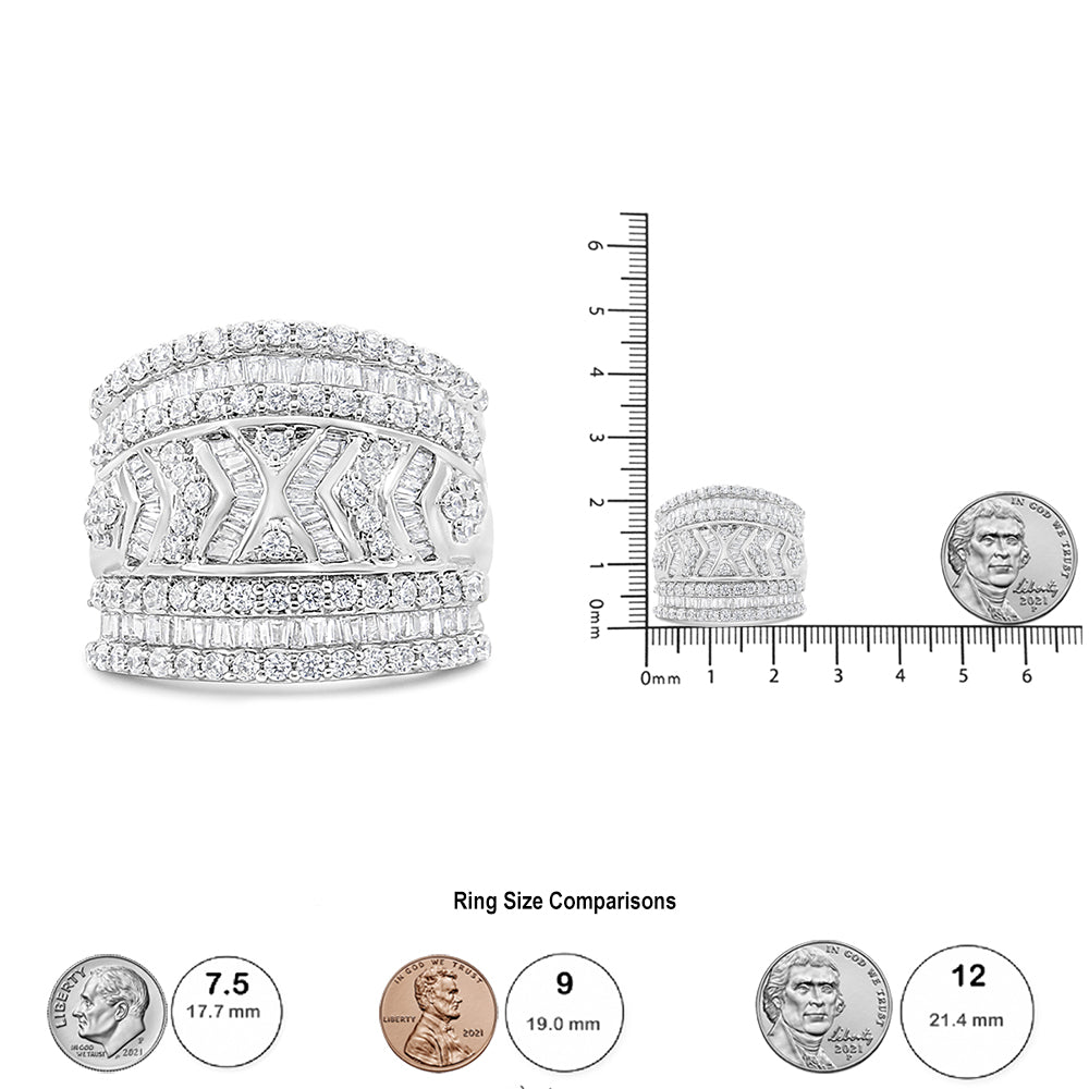 White metal ring with multiple rows of round prong-set white gemstones and baguette channel-set white gemstones, shown from a front angle, next to a ruler and coin for size reference.