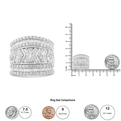 White metal ring with multiple rows of round prong-set white gemstones and baguette channel-set white gemstones, shown from a front angle, next to a ruler and coin for size reference.