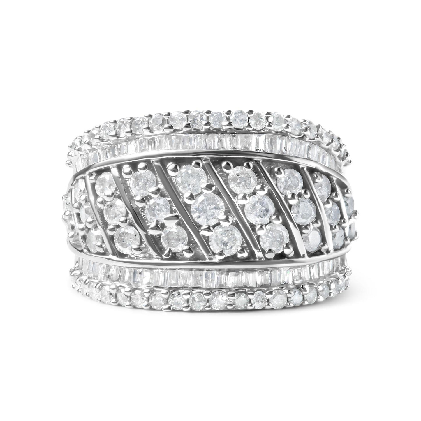 Close-up front view of a wide white metal ring featuring multiple rows of round and baguette-shaped white gemstones in prong and channel settings.