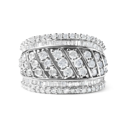 Close-up front view of a wide white metal ring featuring multiple rows of round and baguette-shaped white gemstones in prong and channel settings.