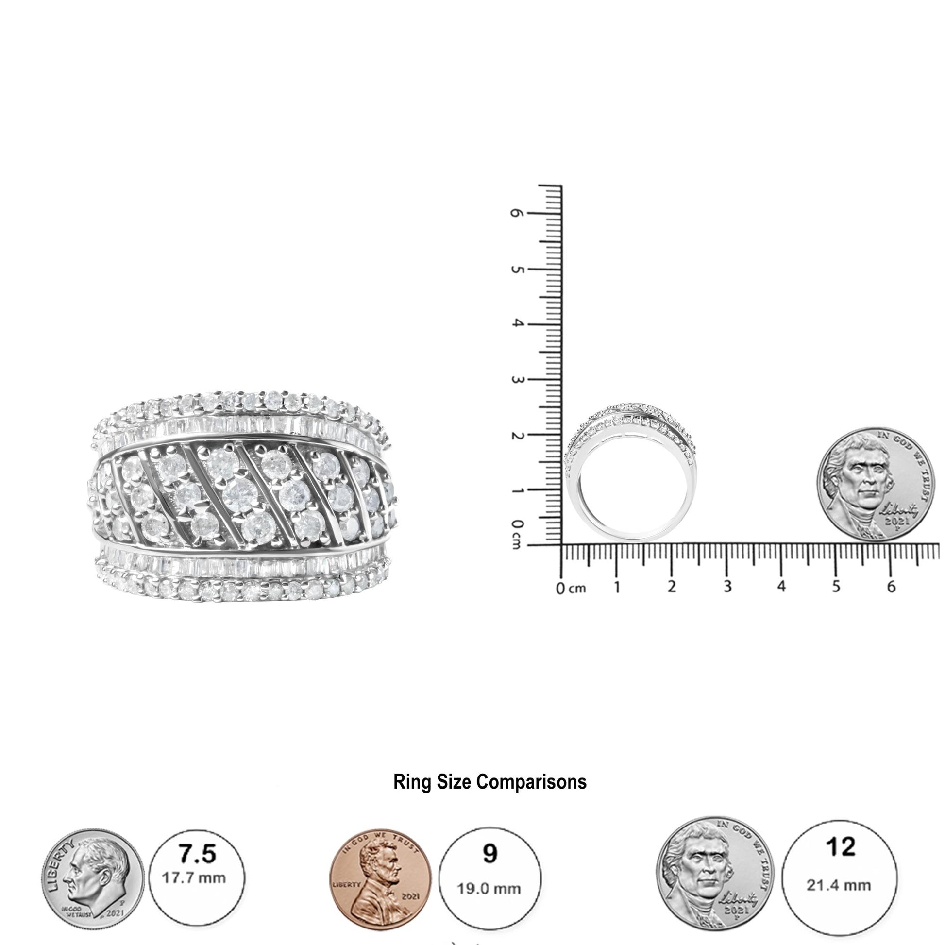 White ring with round prong-set white gemstones and baguette channel-set white gemstones, shown from the top and side angles, displayed next to a ruler and coins for size reference.