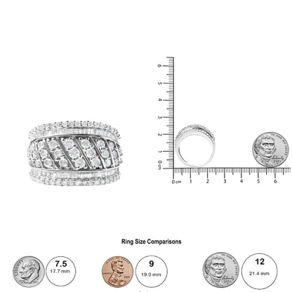 White ring with round prong-set white gemstones and baguette channel-set white gemstones, shown from the top and side angles, displayed next to a ruler and coins for size reference.