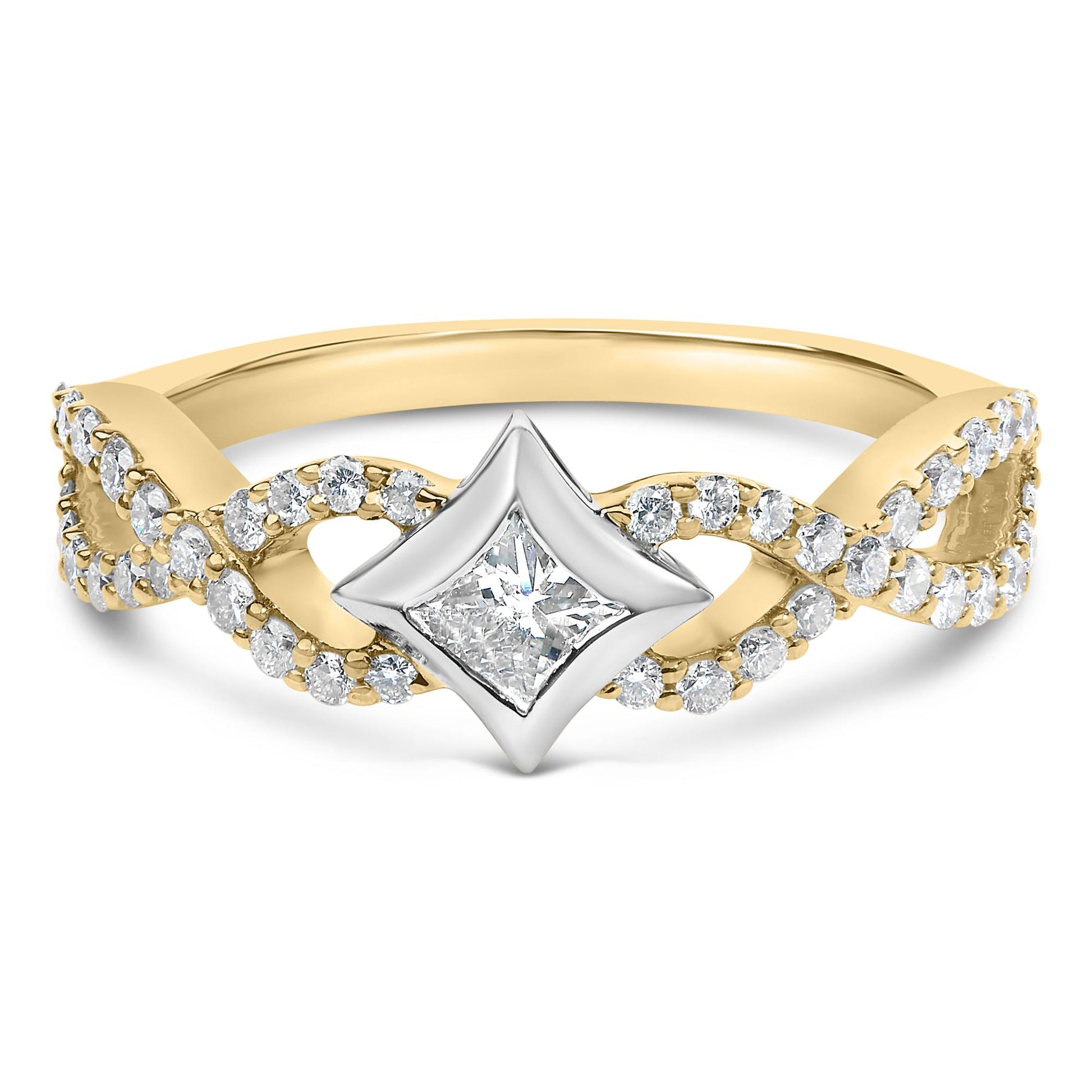Close-up front view of a yellow and white metal ring featuring a princess shape gemstone in the center with a channel setting, flanked by multiple round shape gemstones in prong settings along the twisted band.