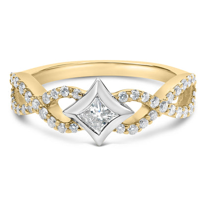 Close-up front view of a yellow and white metal ring featuring a princess shape gemstone in the center with a channel setting, flanked by multiple round shape gemstones in prong settings along the twisted band.