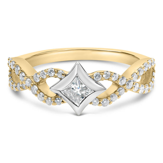 Close-up front view of a yellow and white metal ring featuring a princess shape gemstone in the center with a channel setting, flanked by multiple round shape gemstones in prong settings along the twisted band.