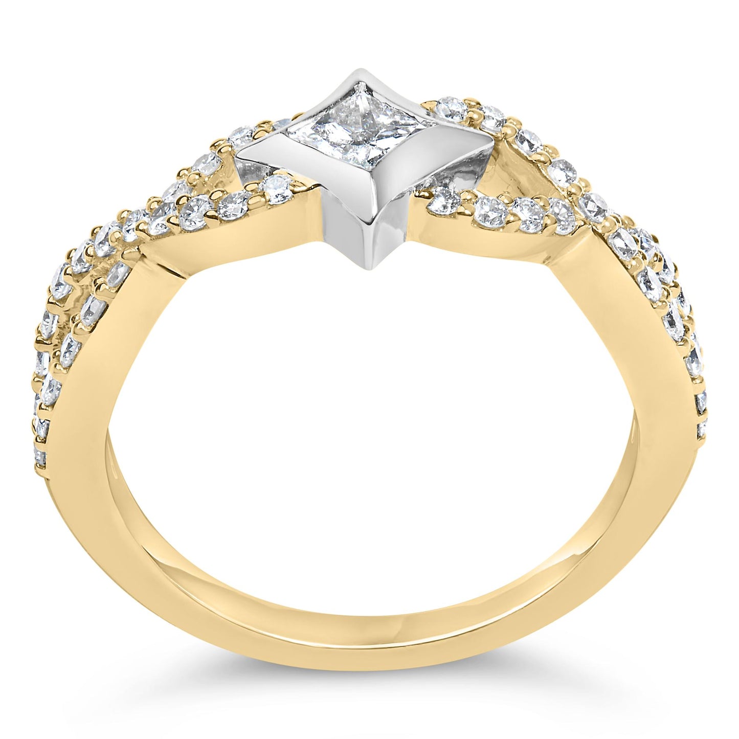 Close-up front view of a yellow and white metal ring featuring a princess-shaped white gemstone in a channel setting at the center, flanked by multiple round white gemstones in prong settings along the band.