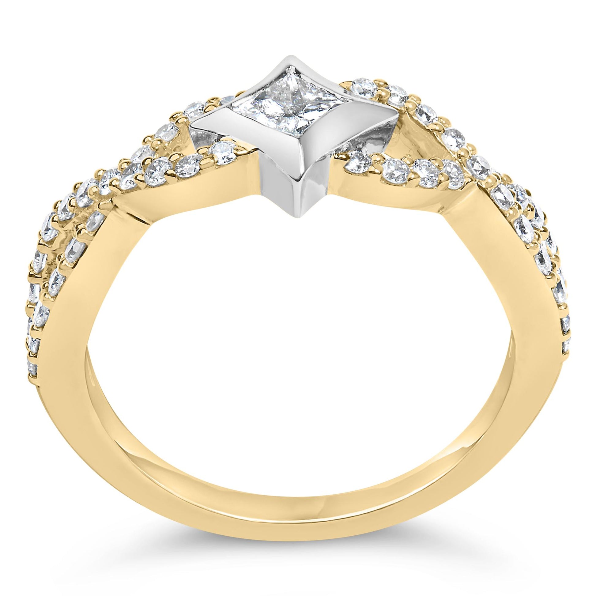 Close-up front view of a yellow and white metal ring featuring a princess-shaped white gemstone in a channel setting at the center, flanked by multiple round white gemstones in prong settings along the band.