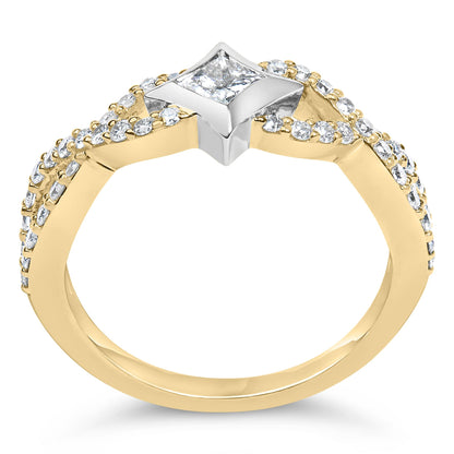 Close-up front view of a yellow and white metal ring featuring a princess-shaped white gemstone in a channel setting at the center, flanked by multiple round white gemstones in prong settings along the band.