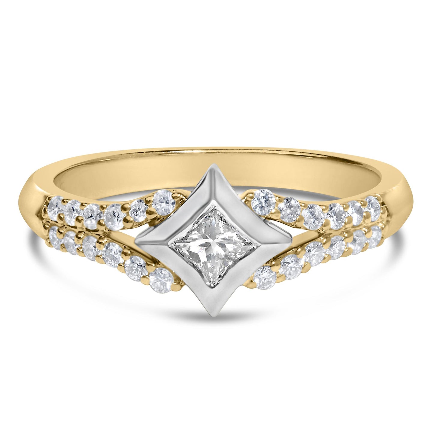 Front angled view of a yellow and white metal ring featuring a central princess-shaped white gemstone in a channel setting, surrounded by two rows of round white gemstones in prong settings along the band.