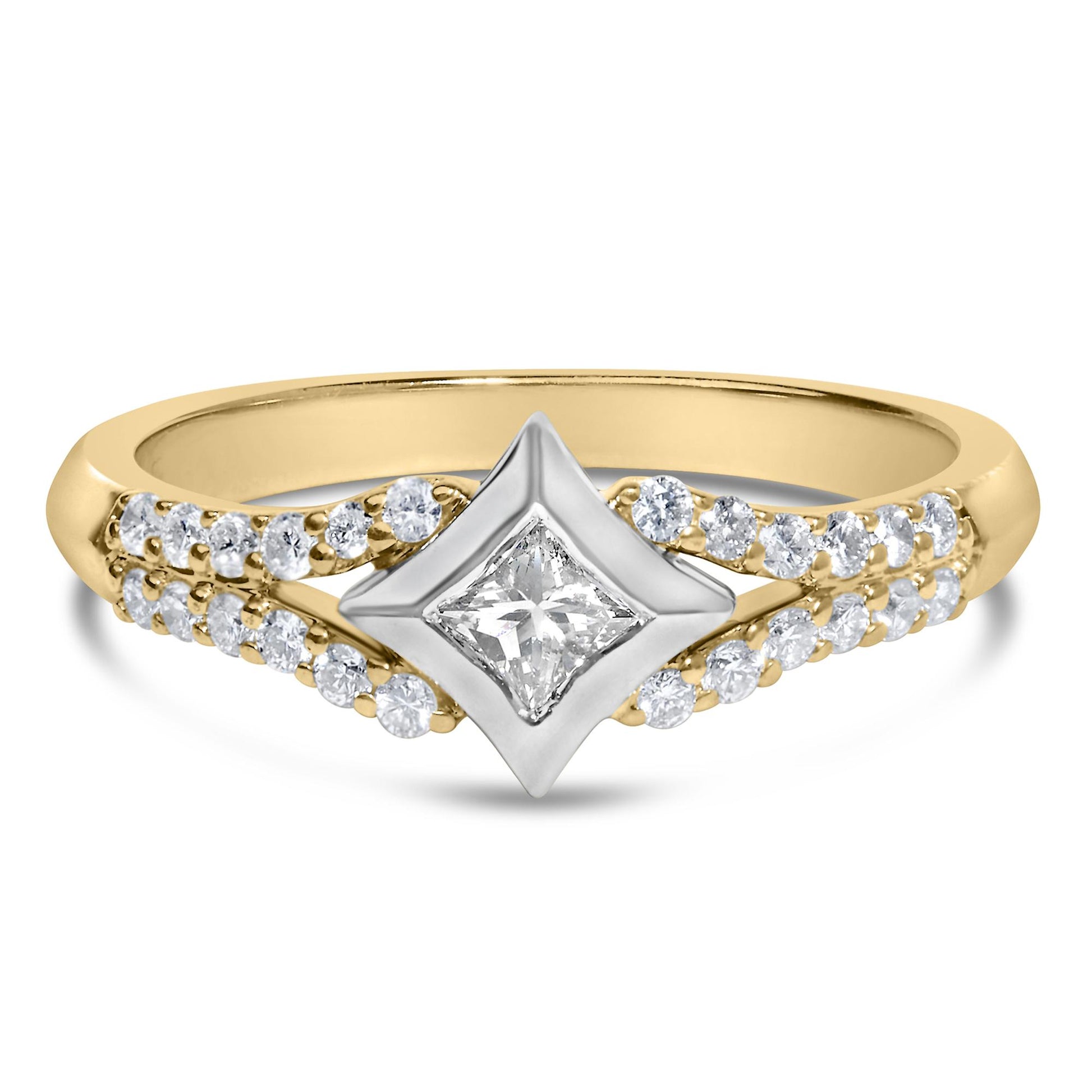 Front angled view of a yellow and white metal ring featuring a central princess-shaped white gemstone in a channel setting, surrounded by two rows of round white gemstones in prong settings along the band.