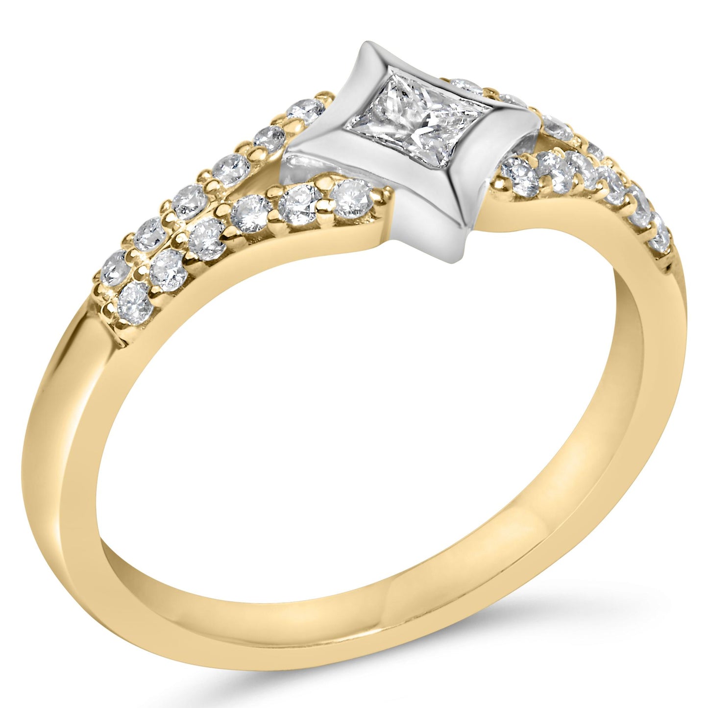 Close-up angled view of a yellow and white metal ring featuring a princess-shaped white gemstone in a channel setting at the center, flanked by multiple round white gemstones in prong settings along the band.
