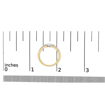 Ring with yellow and white metal colors, featuring a princess-shaped gemstone in a channel setting and multiple round gemstones in prong settings, shown on a ruler for size reference from a side angle.