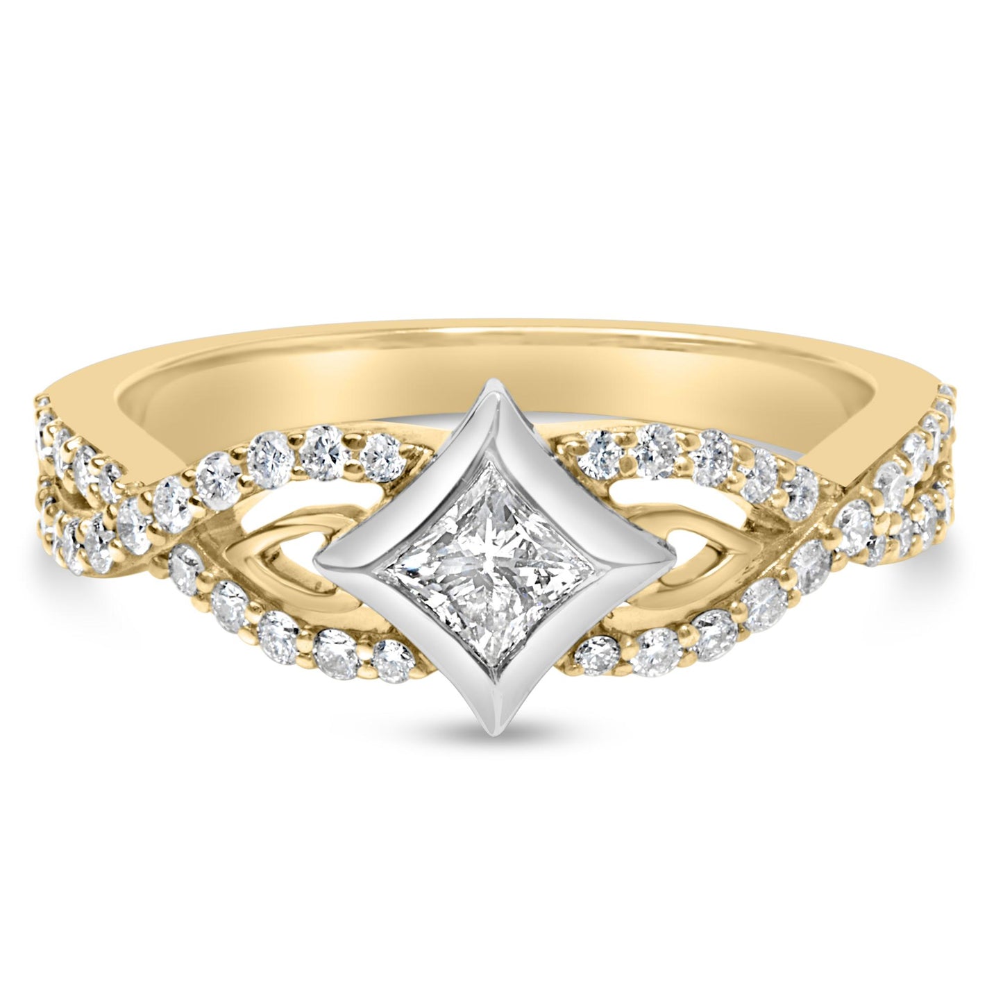 Front-facing view of a yellow and white two-tone ring featuring a princess-shaped white gemstone in a channel setting at the center, surrounded by multiple round white gemstones in prong settings along the band.
