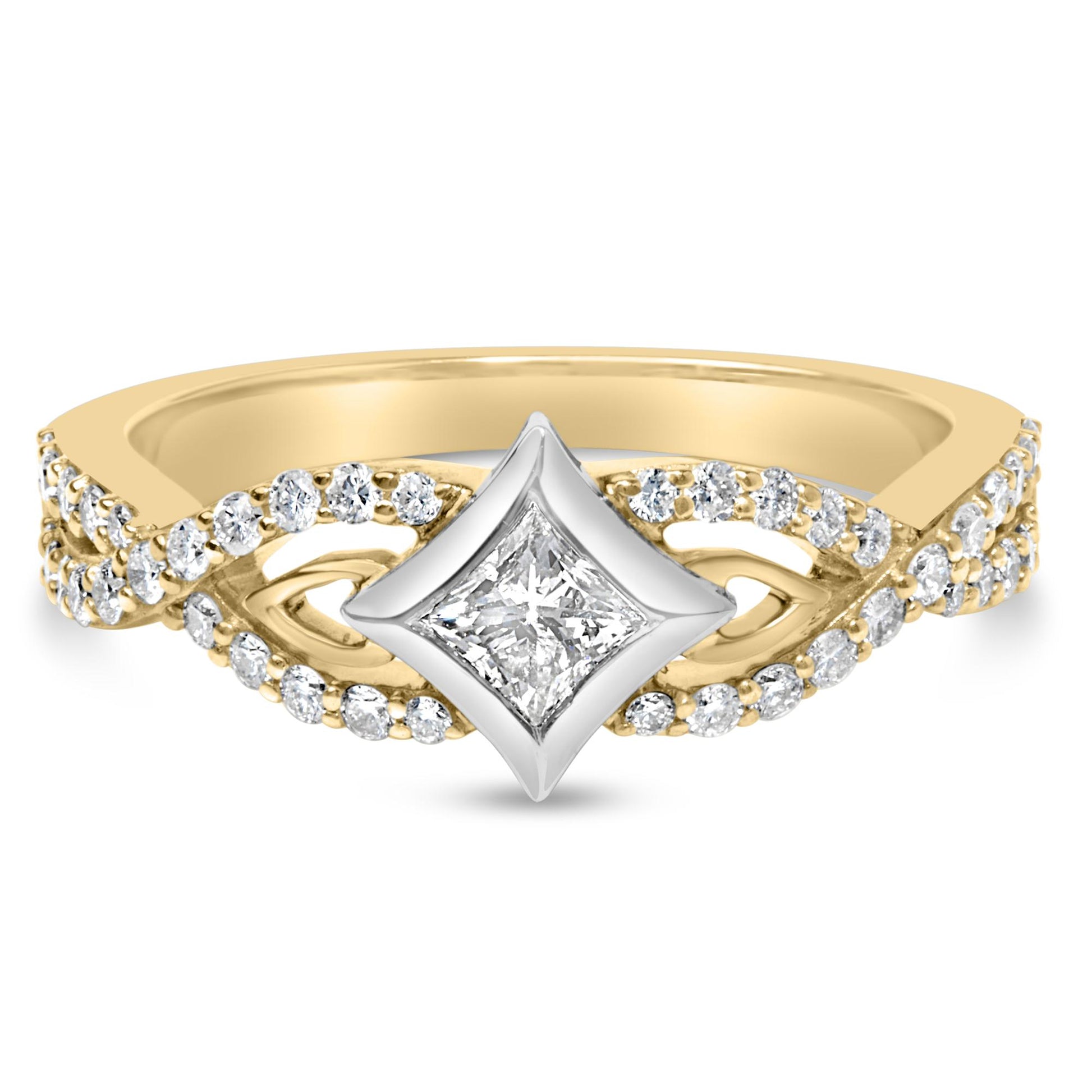 Front-facing view of a yellow and white two-tone ring featuring a princess-shaped white gemstone in a channel setting at the center, surrounded by multiple round white gemstones in prong settings along the band.