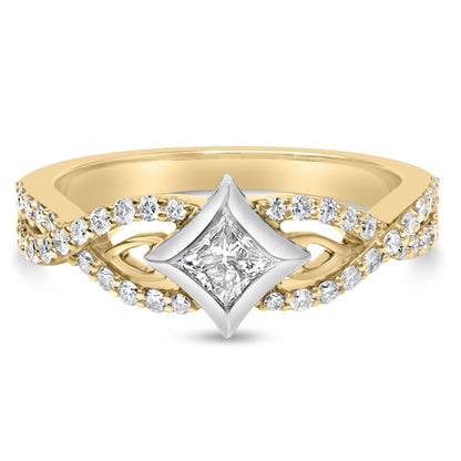 Front-facing view of a yellow and white two-tone ring featuring a princess-shaped white gemstone in a channel setting at the center, surrounded by multiple round white gemstones in prong settings along the band.