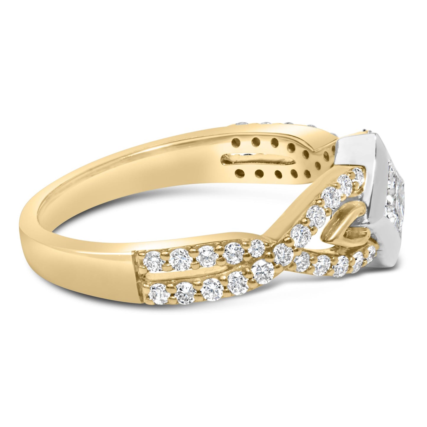 Close-up side angle of a two-tone ring featuring a yellow band with white gemstones set in a twisting design and a white setting holding a princess-shaped white gemstone.