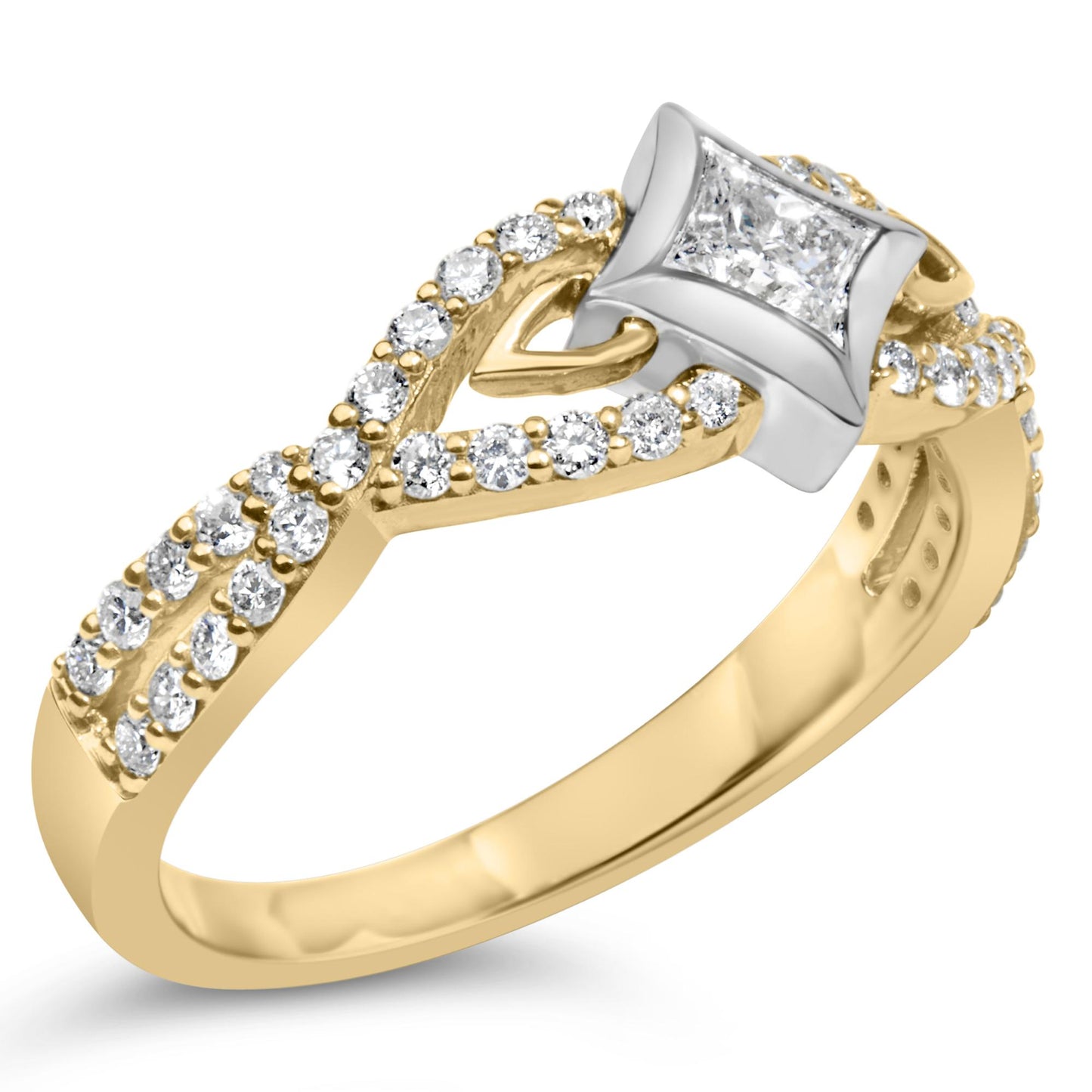 Ring angled view with yellow and white metal featuring a channel-set princess shape white gemstone at the center and multiple round prong-set white gemstones along the band.