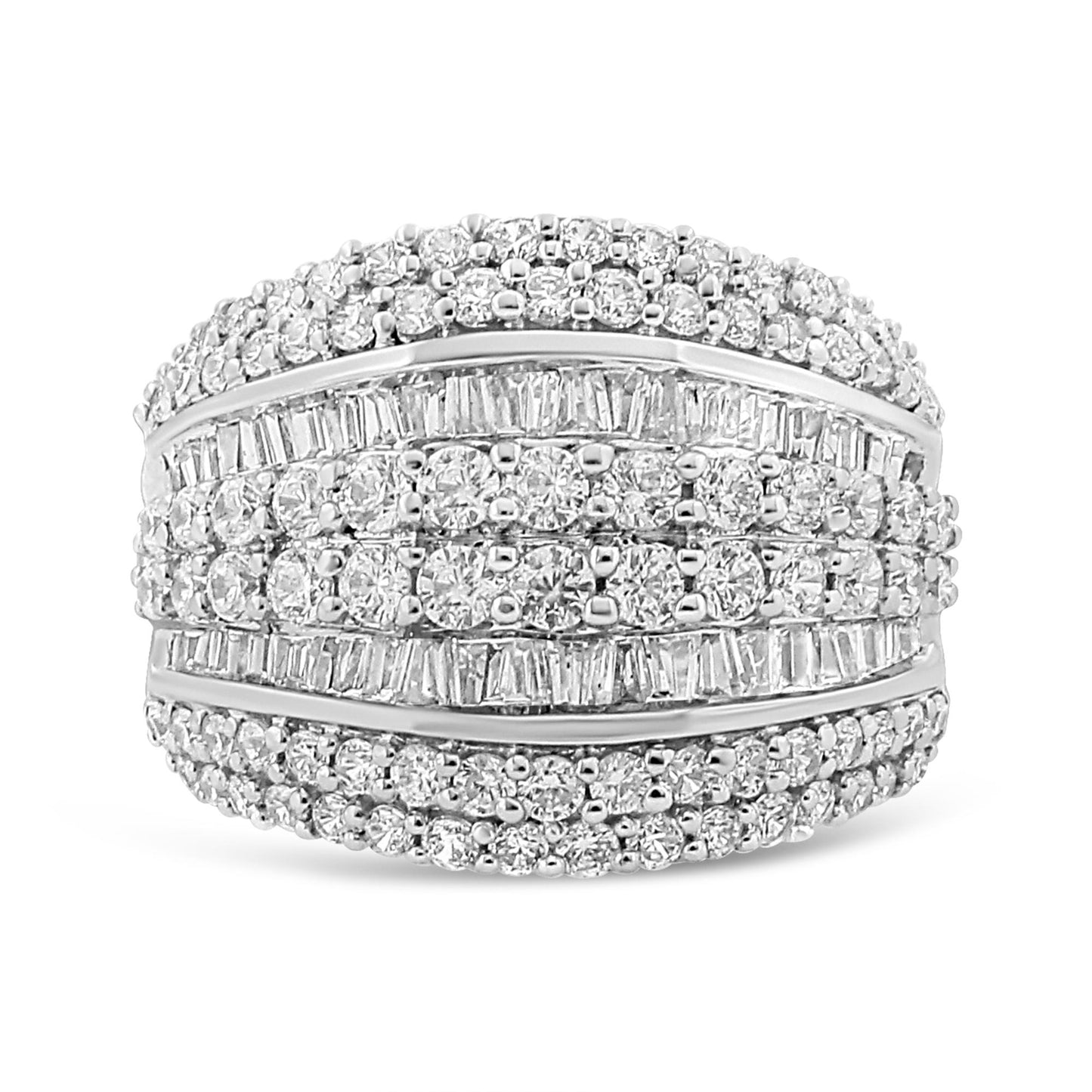 Front angle shot of a white metal ring featuring multiple rows of round white gemstones in prong settings and baguette white gemstones in channel settings across the band.