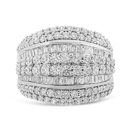 Front angle shot of a white metal ring featuring multiple rows of round white gemstones in prong settings and baguette white gemstones in channel settings across the band.