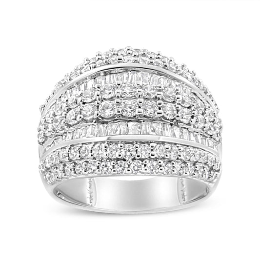 Front-facing shot of a white metal ring featuring multiple rows of white round prong-set gemstones and white baguette channel-set gemstones.