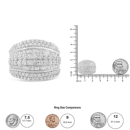 White metal ring with multiple rows of round and baguette white gemstones, shown in a front-facing close-up and next to a ruler and coins for size reference.