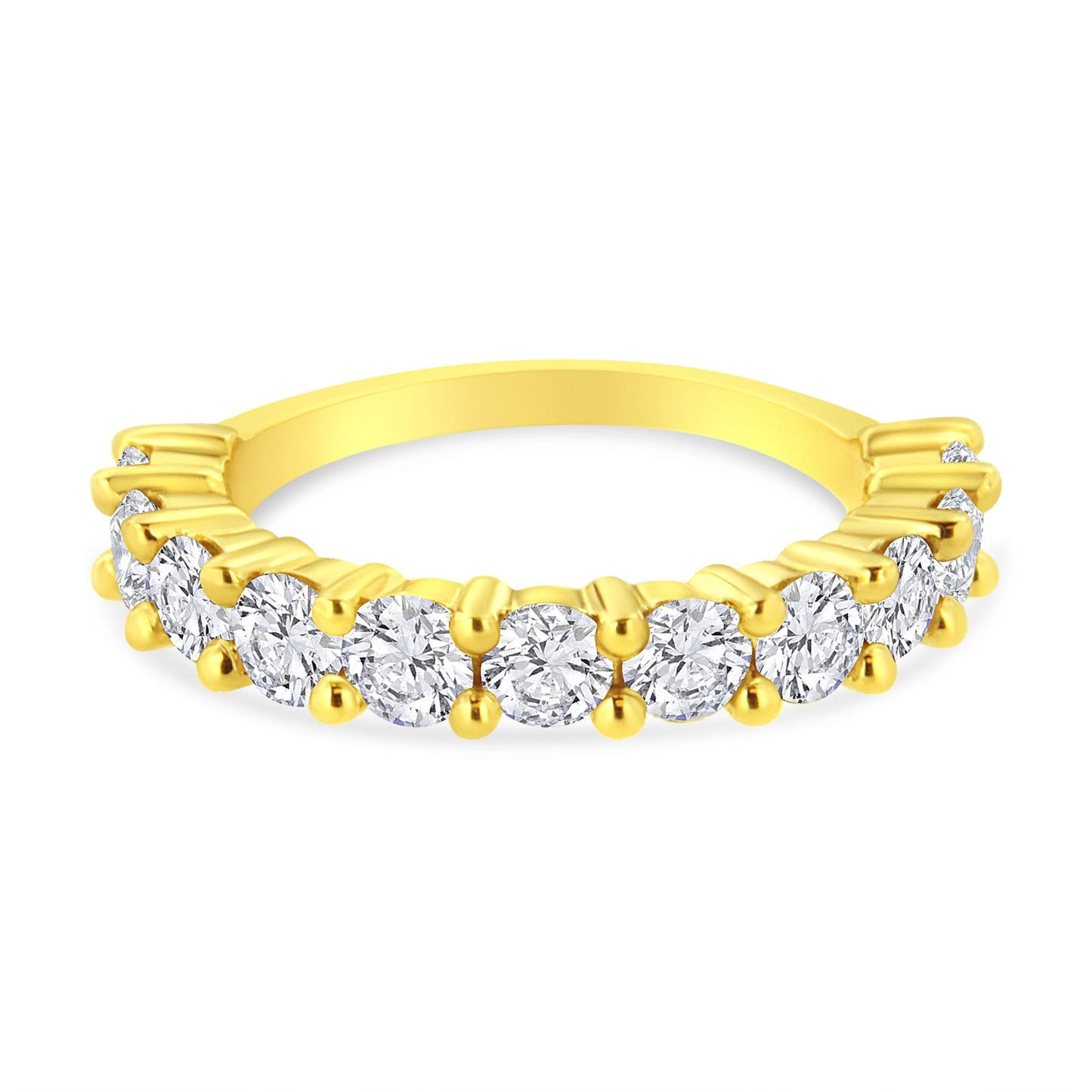 Close-up front angle of a yellow metal ring featuring a row of round white gemstones in prong settings.