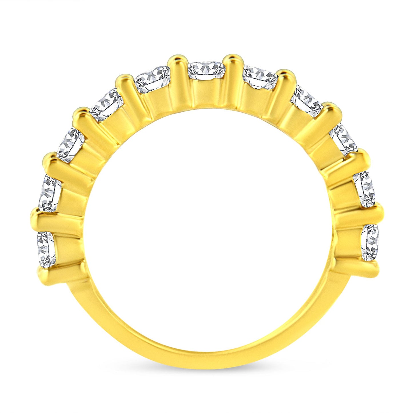 Front view of a yellow metal ring featuring a row of round white gemstones in prong settings along the top half.