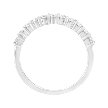 Top view of a white metal ring featuring a row of round white gemstones in prong settings.