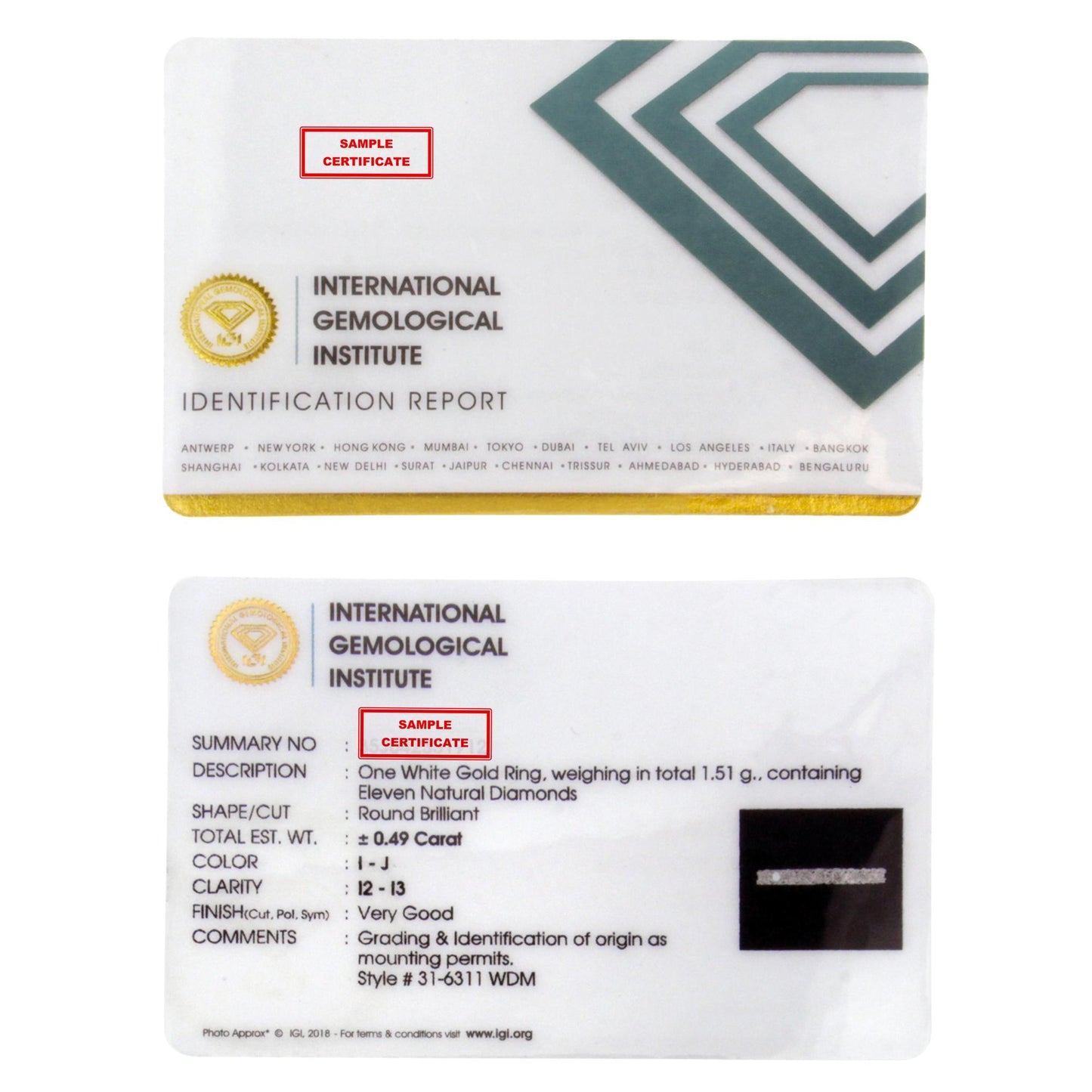 White metal ring shown from a front angle, featuring multiple round white gemstones in prong settings arranged in a band style.