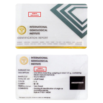 White metal ring shown from a front angle, featuring multiple round white gemstones in prong settings arranged in a band style.