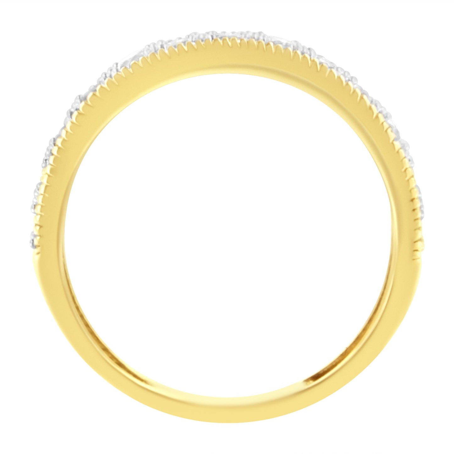 Top-down view of a yellow metal ring featuring a band with round white gemstones in a pave setting along the outer edge.