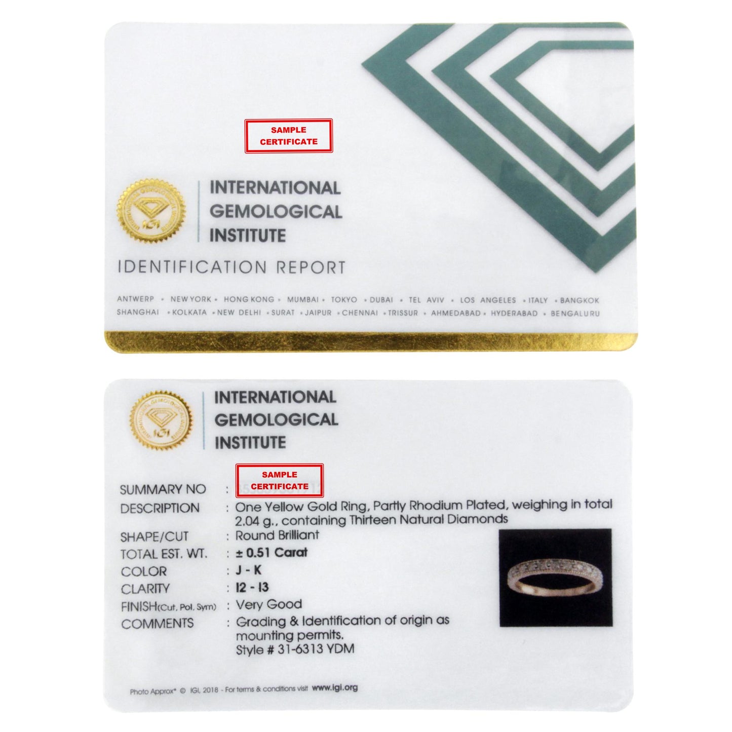 Alt text is not applicable as the image shows two certification cards from the International Gemological Institute, not the ring itself.