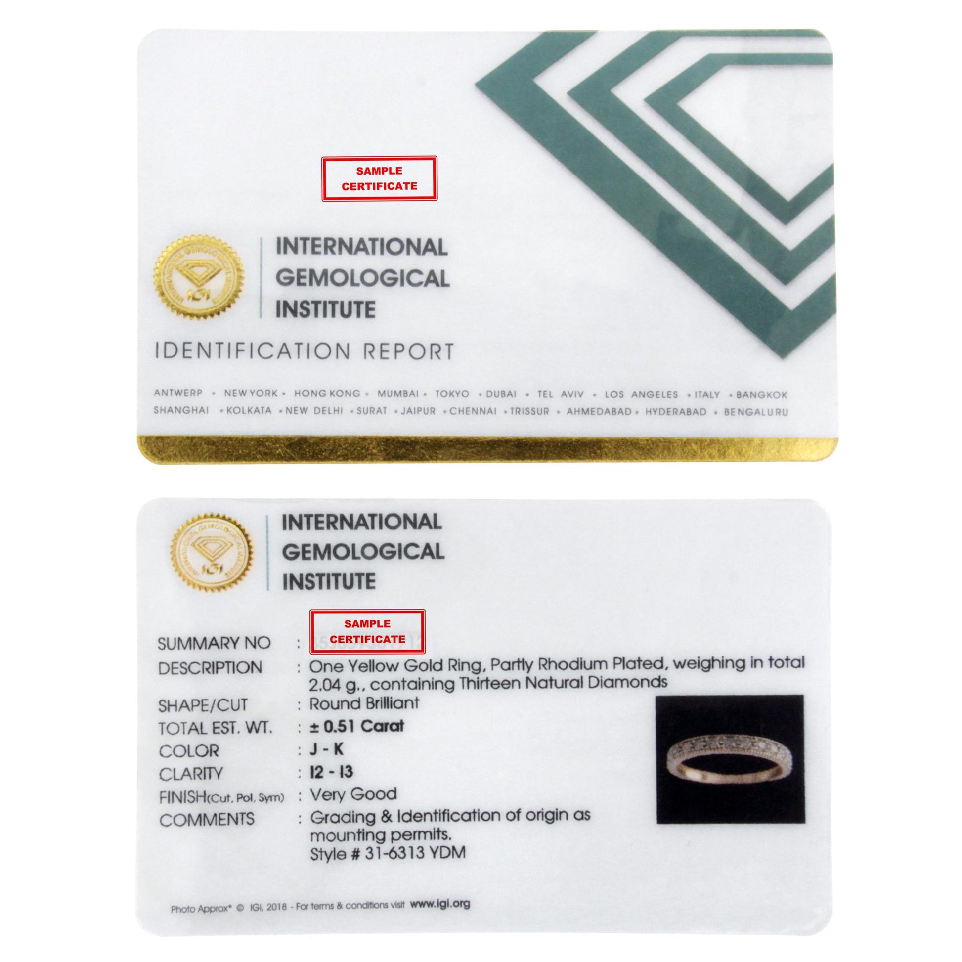Alt text is not applicable as the image shows two certification cards from the International Gemological Institute, not the ring itself.