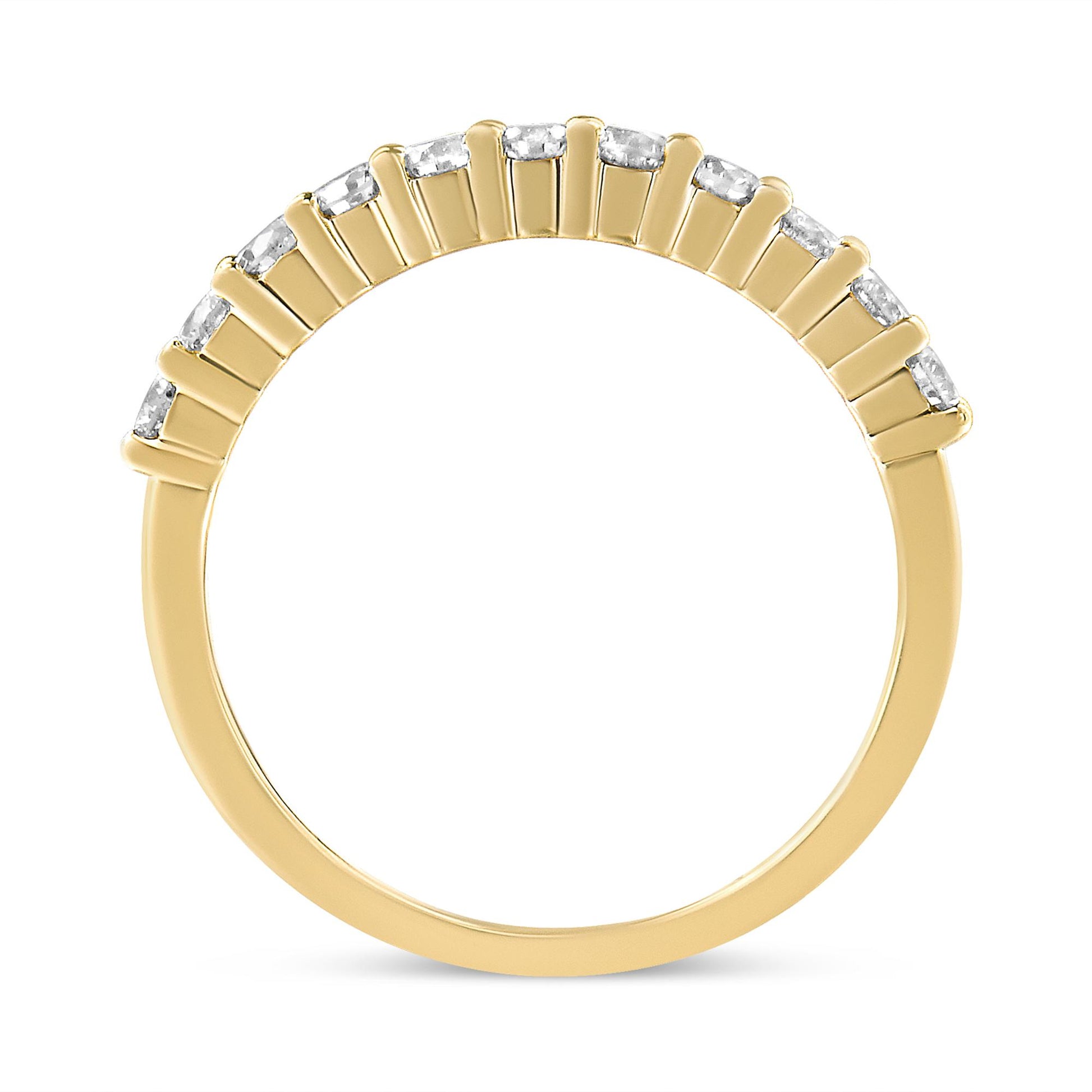 Close-up front view of a yellow metal ring set with a row of round white gemstones in prong settings along the band top.