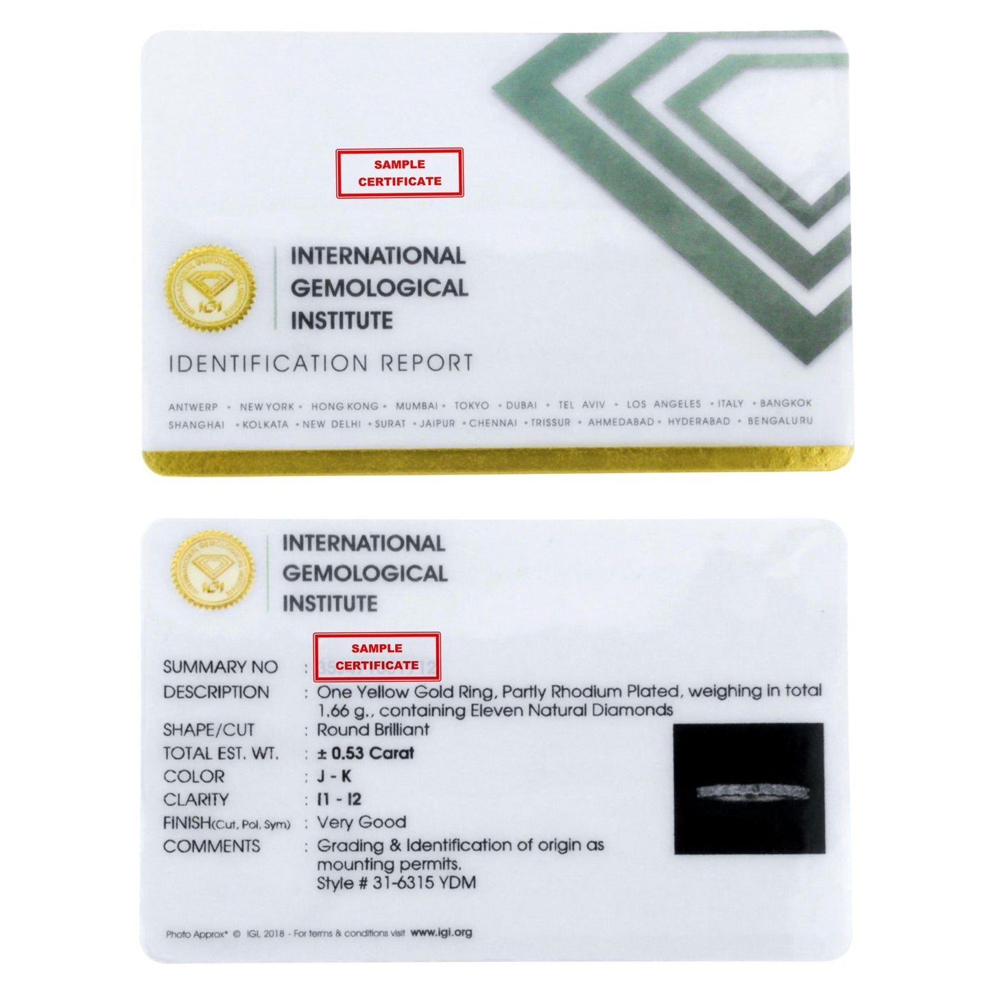 Image shows an identification report card for a yellow metal ring with round white gemstones in prong settings.