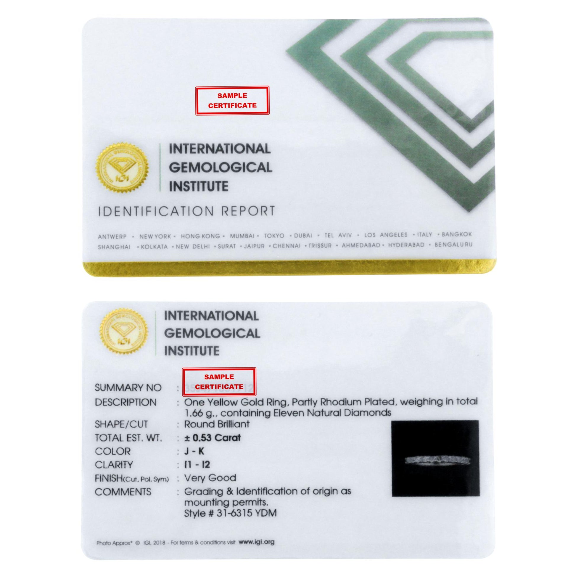 Image shows an identification report card for a yellow metal ring with round white gemstones in prong settings.