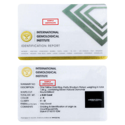 Image shows an identification report card for a yellow metal ring with round white gemstones in prong settings.