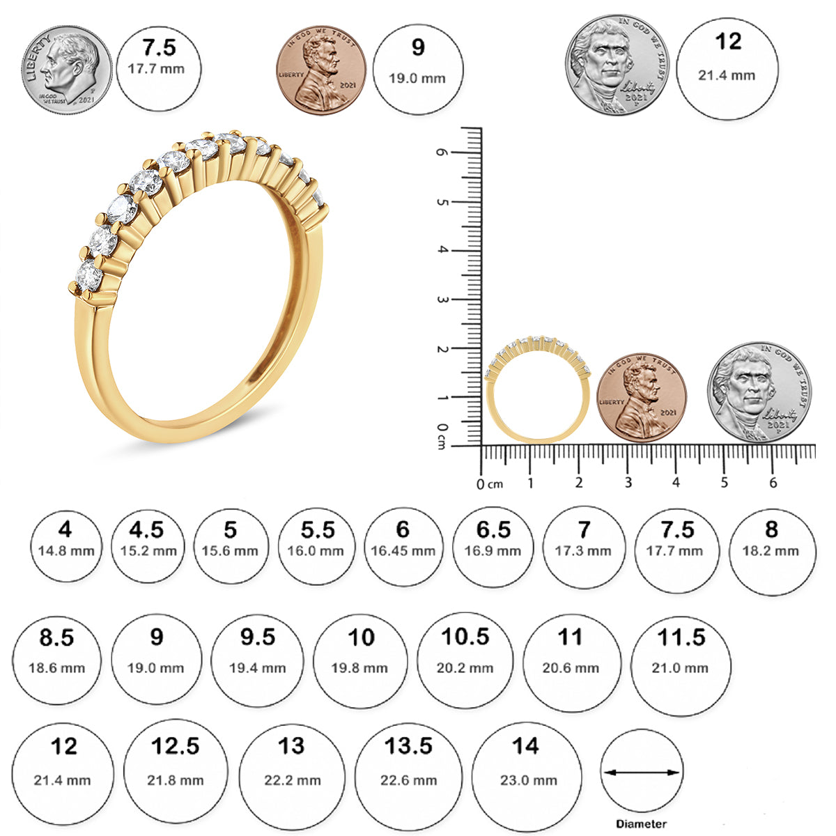 Yellow metal ring with white round gemstones in prong settings, shown from a front angled view, positioned on a ruler and next to coins for size reference.