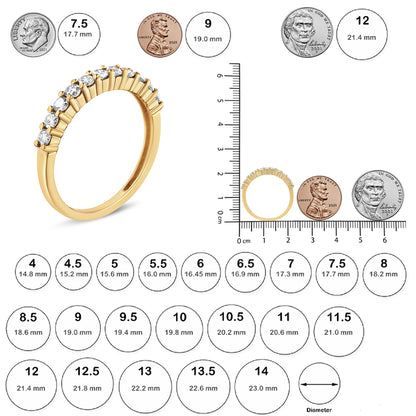 Yellow metal ring with white round gemstones in prong settings, shown from a front angled view, positioned on a ruler and next to coins for size reference.