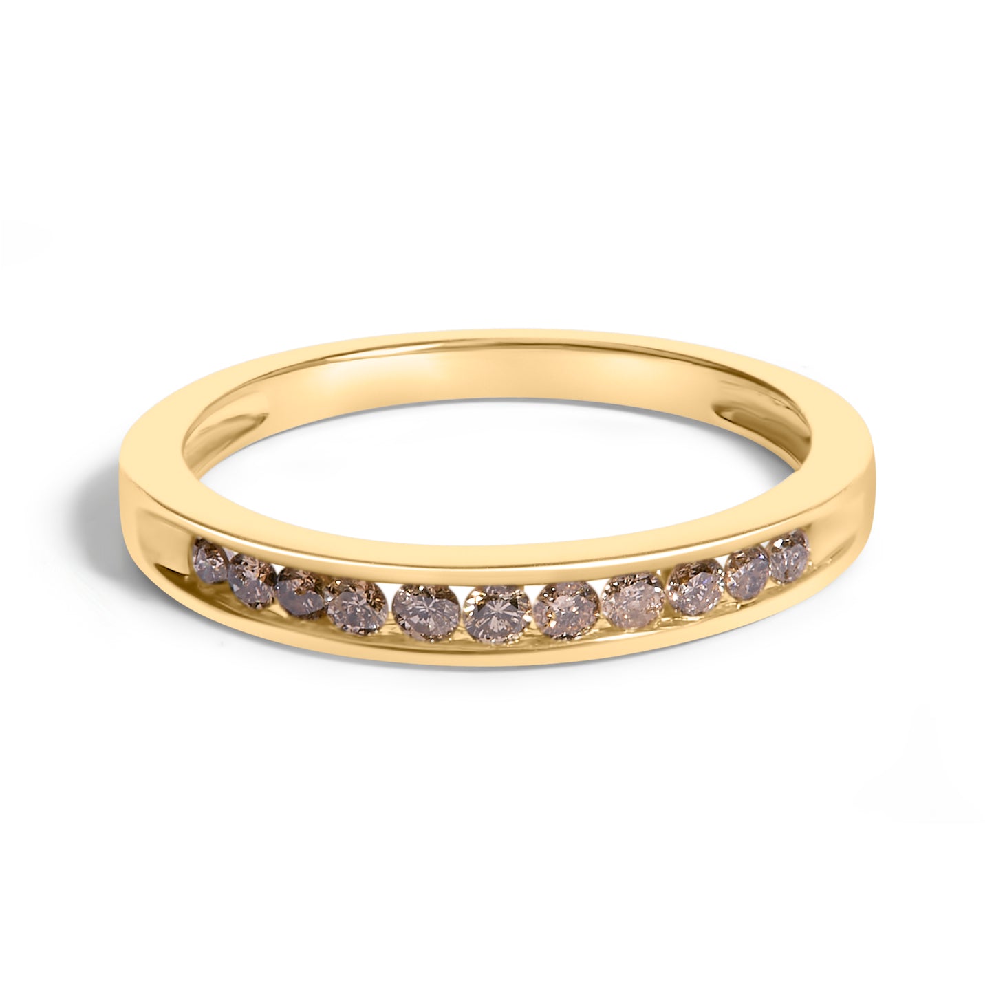 Close-up top front angle of a yellow ring with a channel setting of round white gemstones.