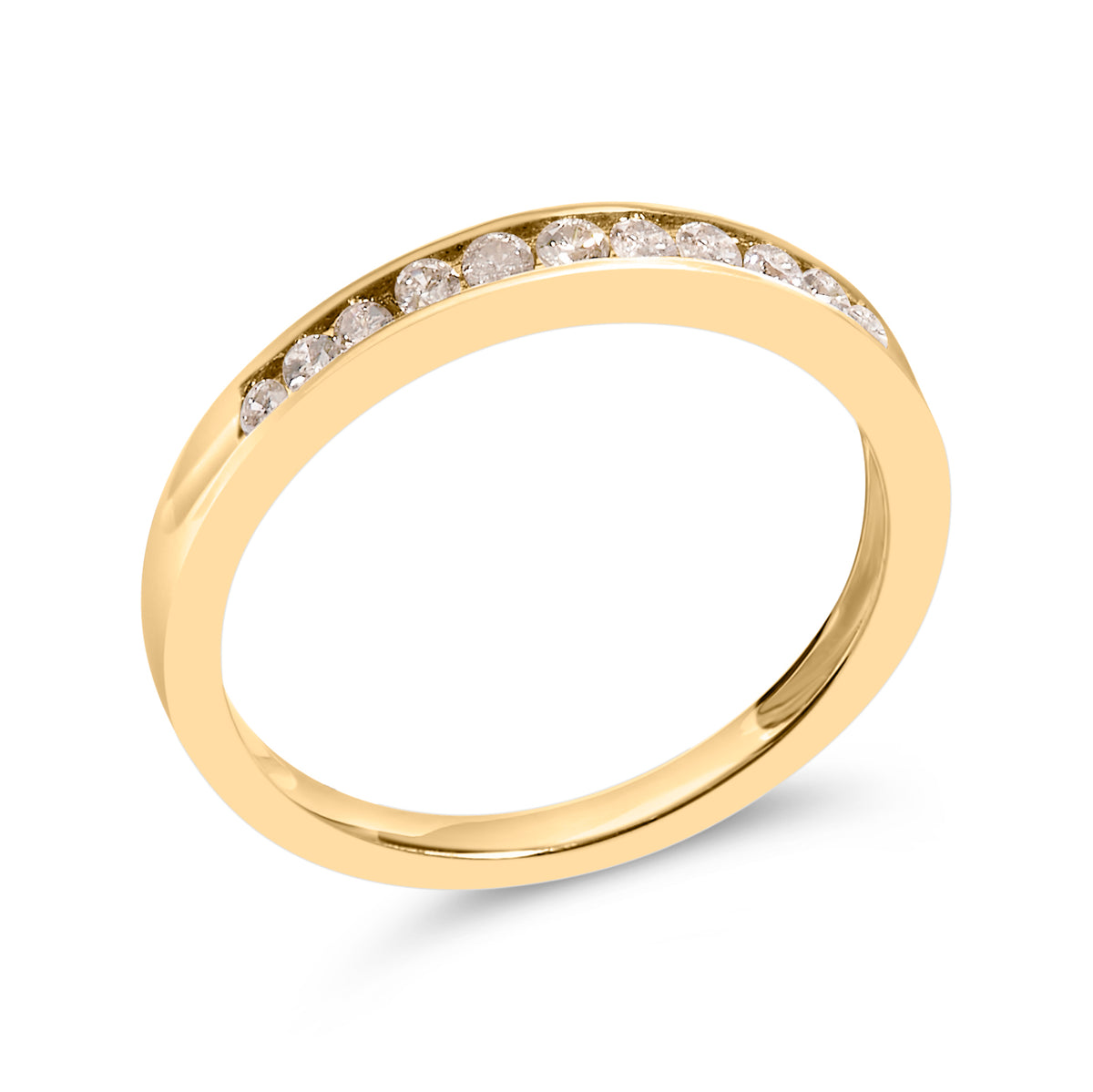 Yellow metal ring with a channel setting of round white gemstones, shown in a close-up angled view.