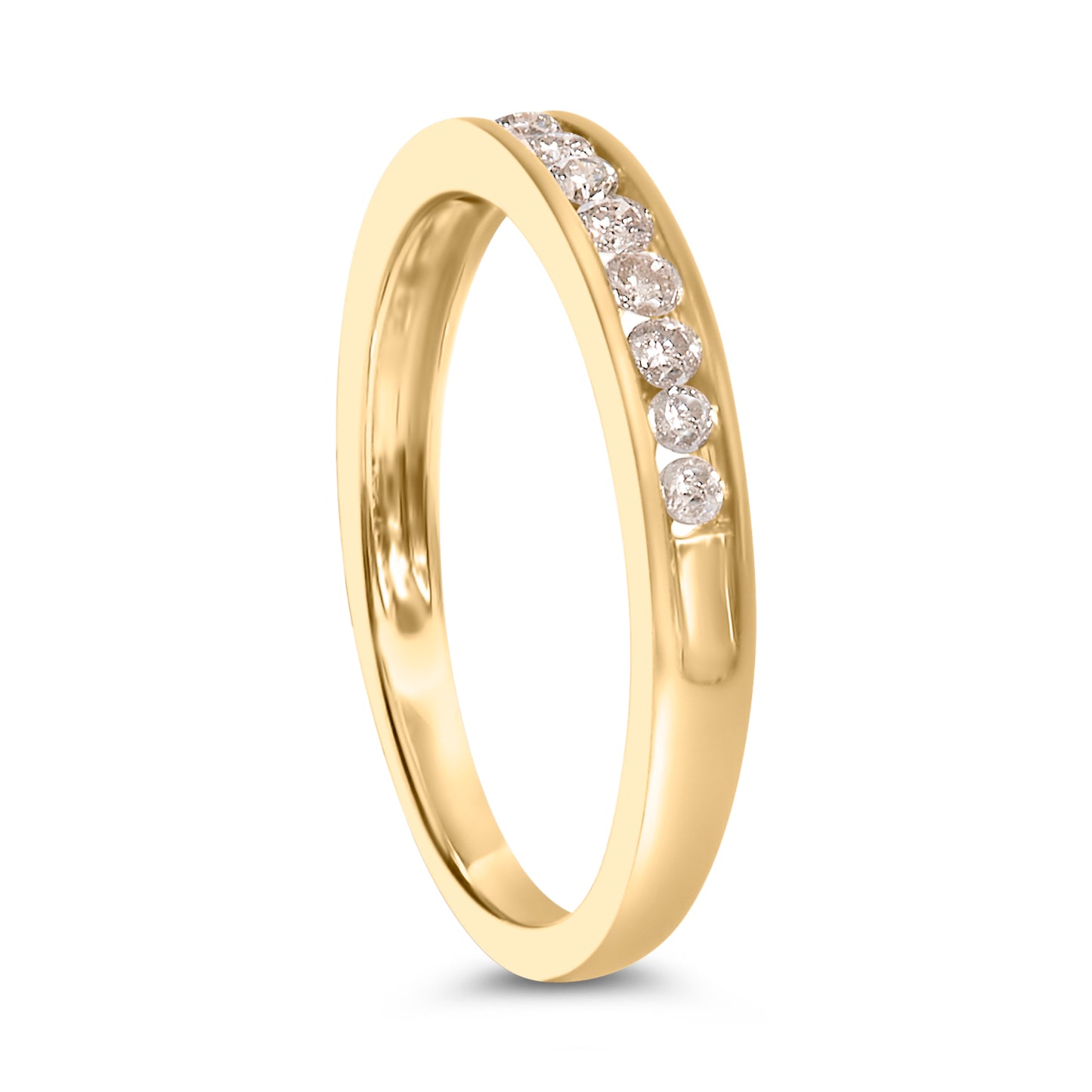 Close-up front angle of a yellow ring with a channel setting featuring round white gemstones.