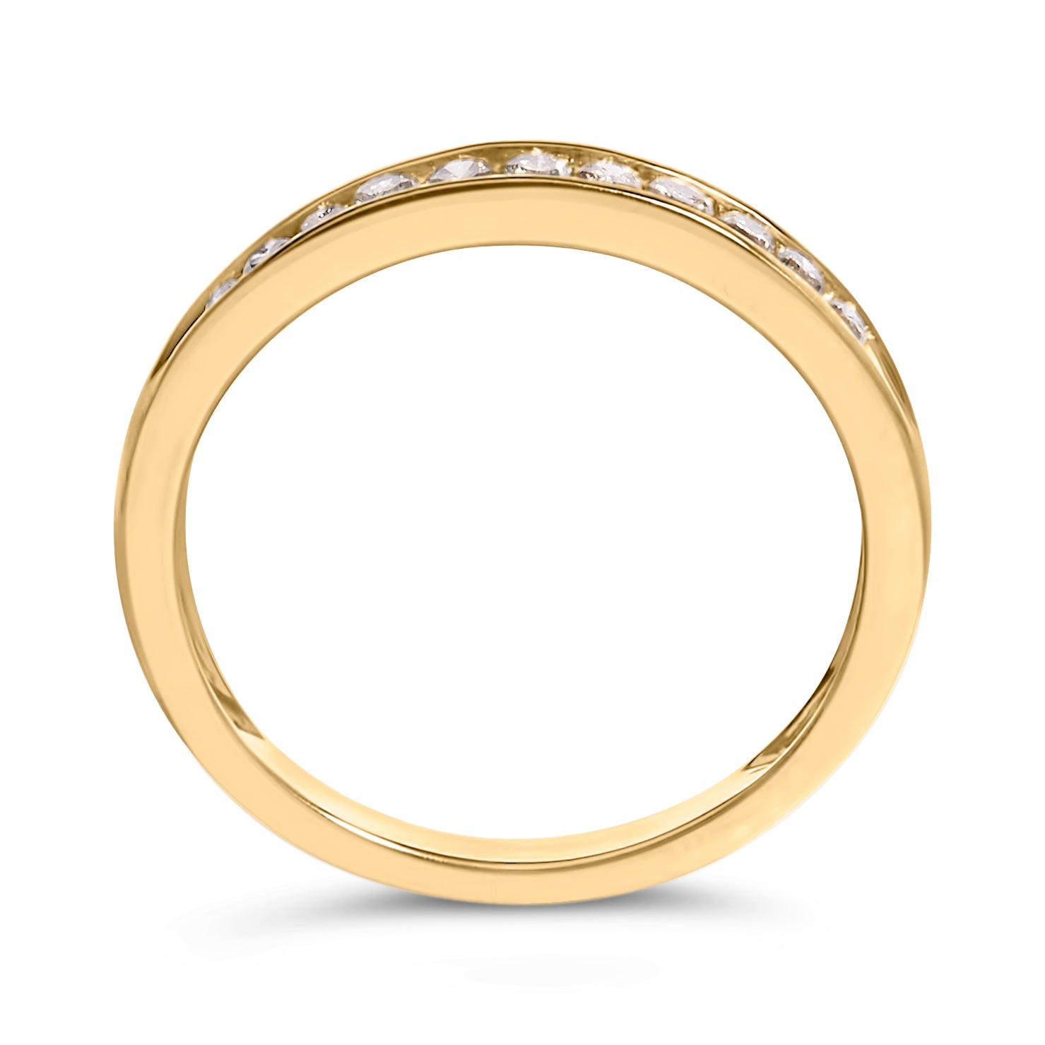 Close-up front angle of a yellow metal ring featuring a channel setting of round white gemstones along the upper band.