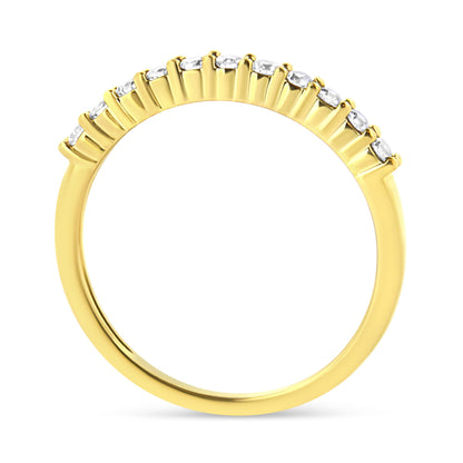 Yellow metal ring with a row of round white gemstones in prong settings viewed from the side.