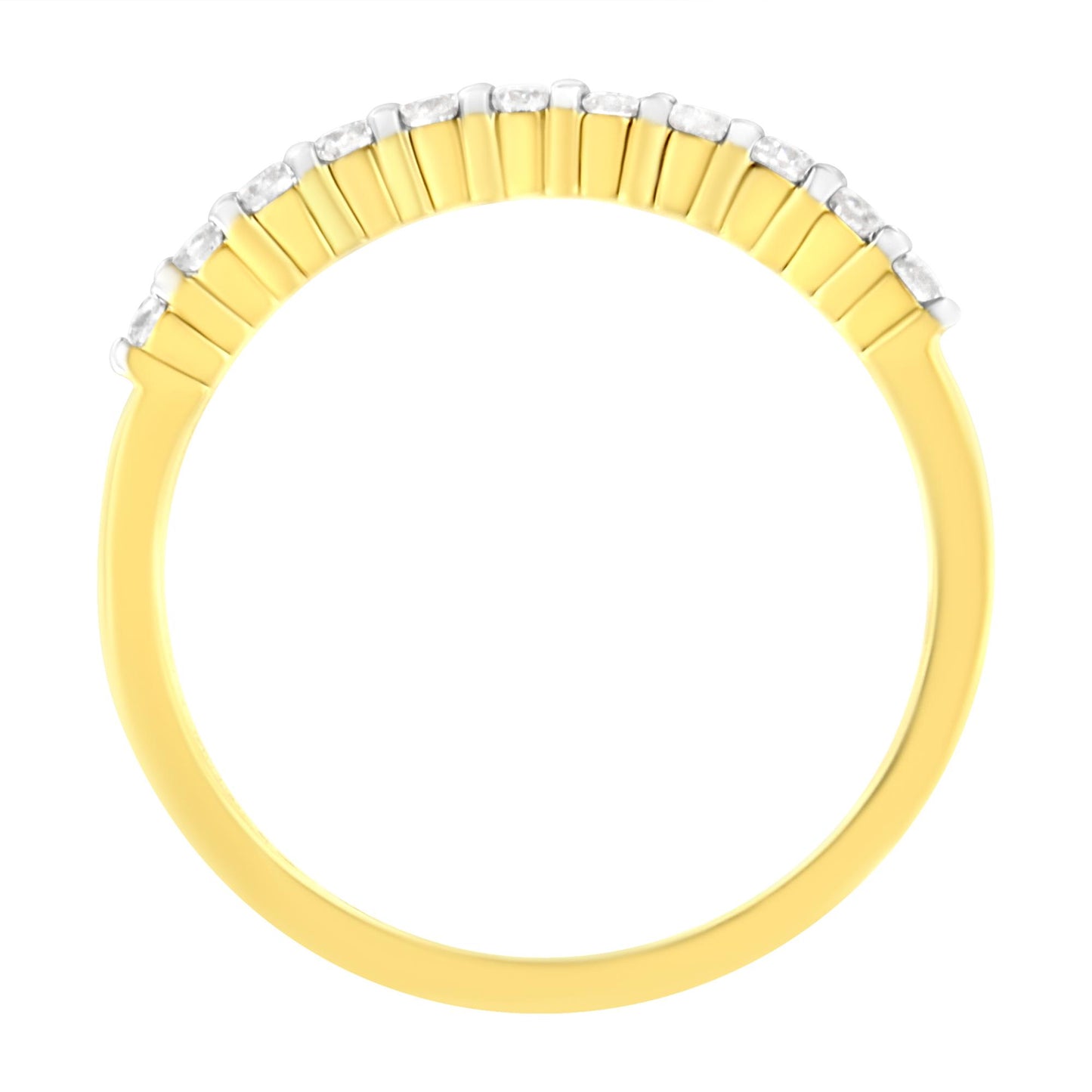 Top view of a yellow band ring with round white gemstones in prong settings along the top half.