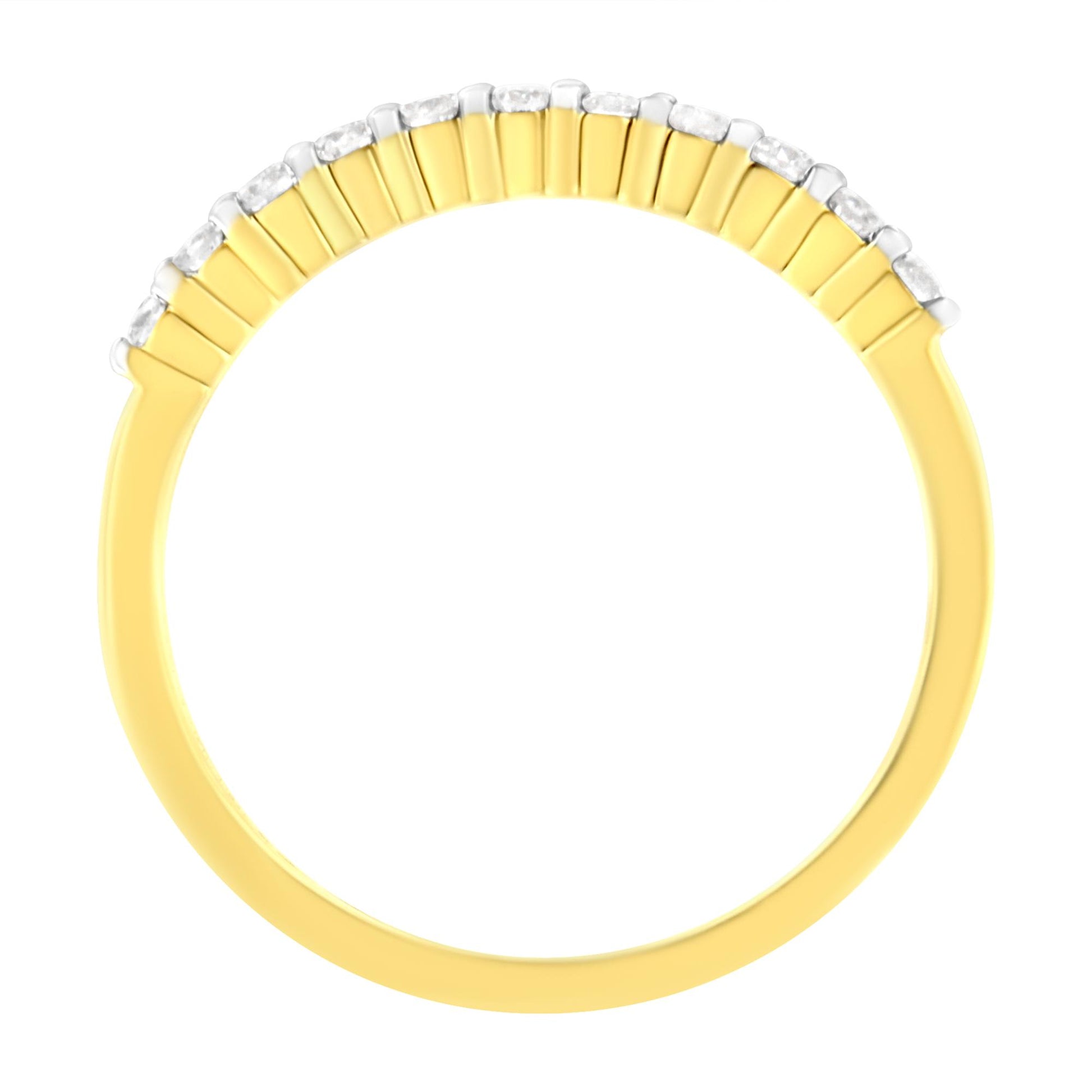 Top view of a yellow band ring with round white gemstones in prong settings along the top half.